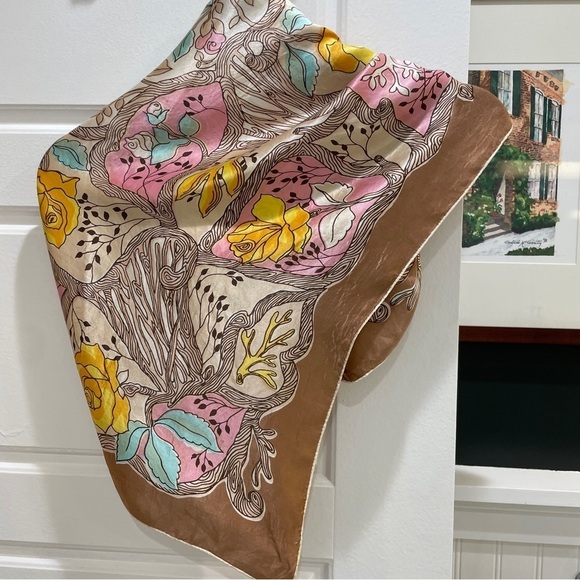 Silky Square Scarf with Yellow Roses & Twiggy Floral Vine Pattern - Picture 7 of 11